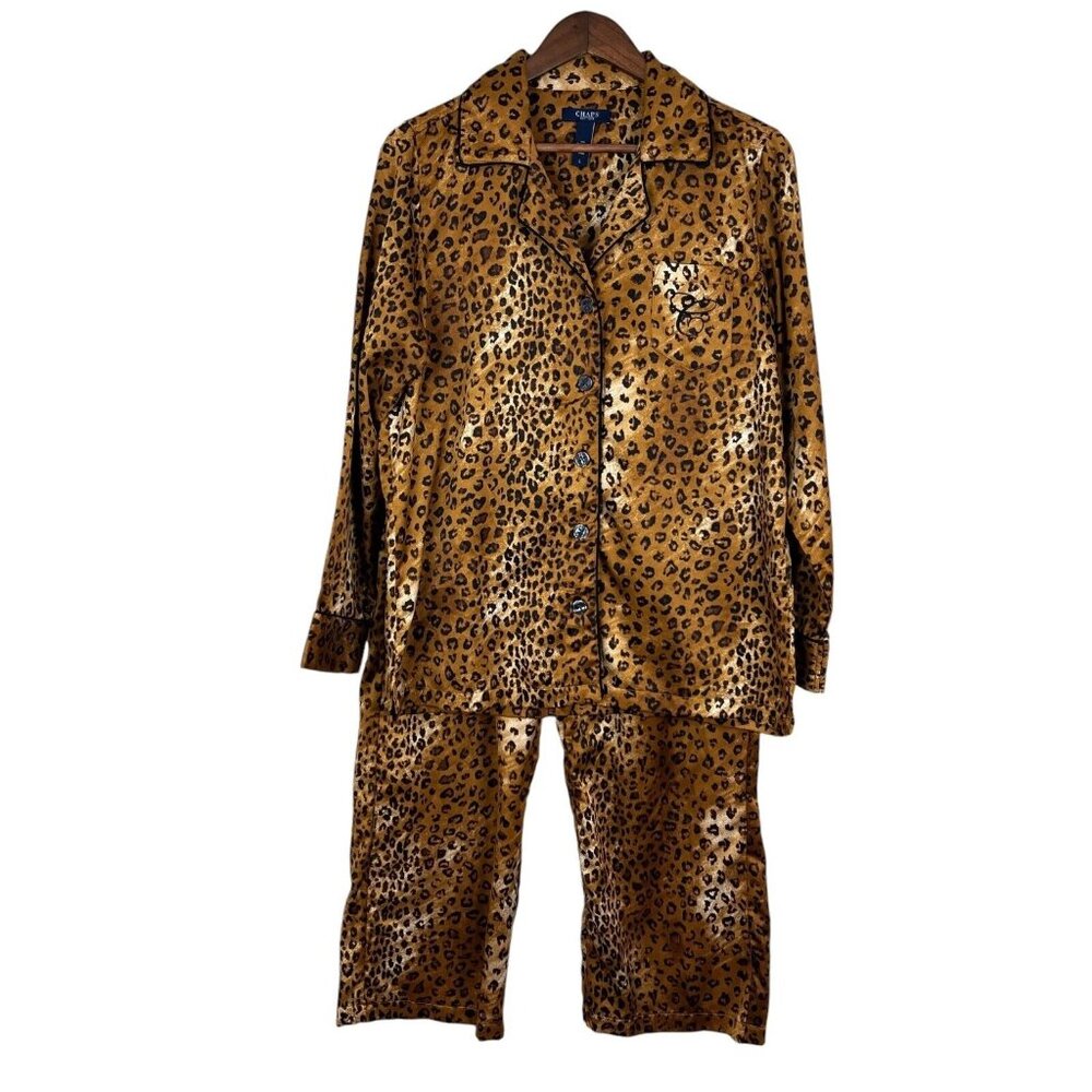 Chaps Pajama Set Womens Large Leopard Embroidered Pocket 2 Piece PJs Shirt Pants